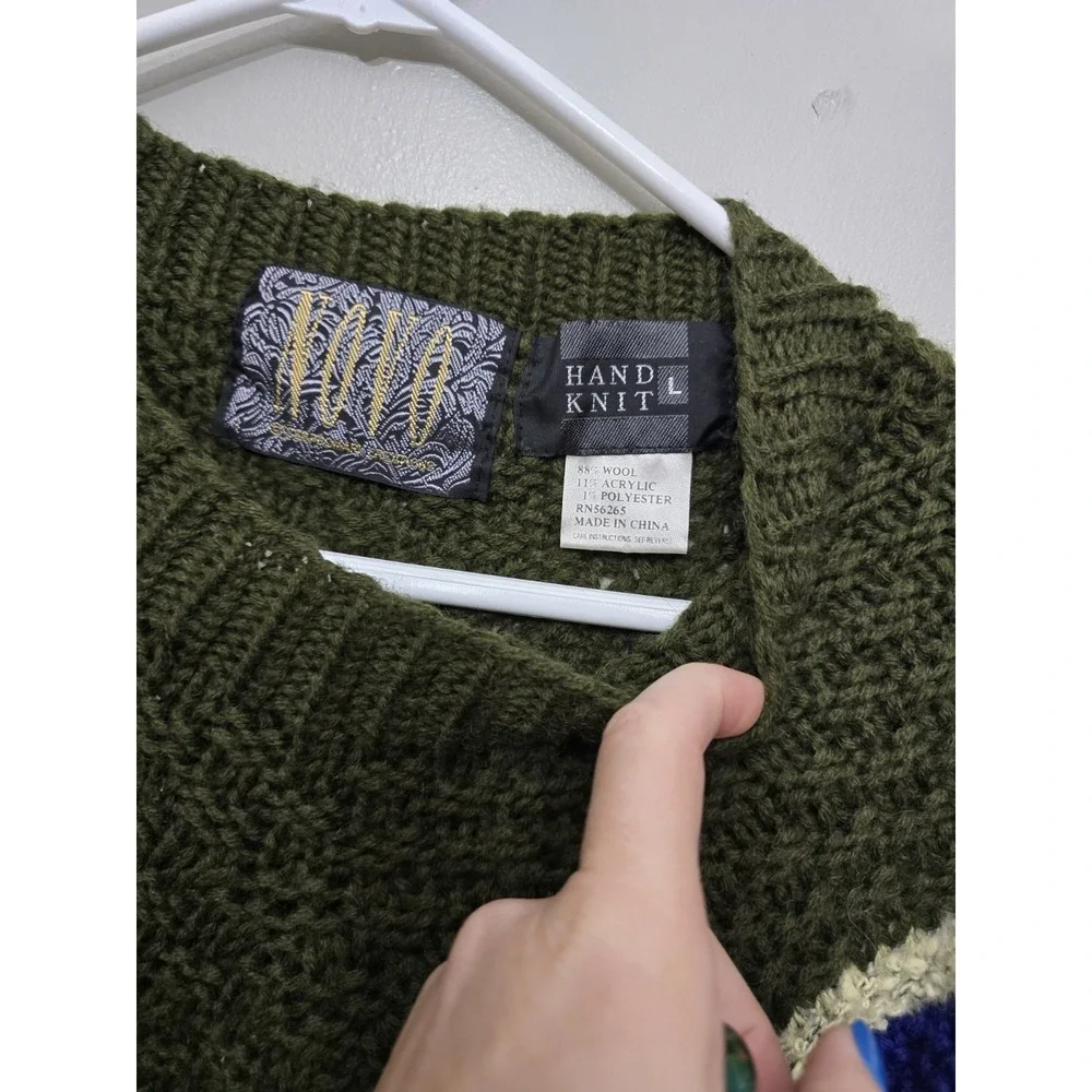 Vintage Novo Hand Knit Wool Blend Sweater Geometric Chunky Olive Blue Large